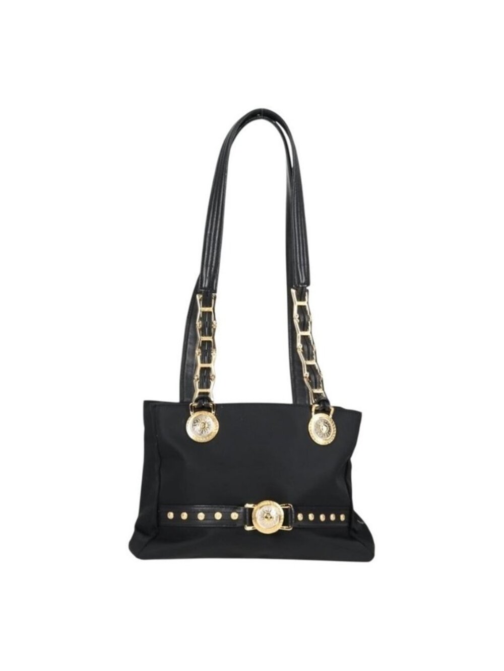 Authentic VERSACE Chain Shoulder Bag Nylon Black Gold